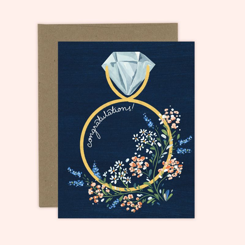 Navy Floral Engagement Card