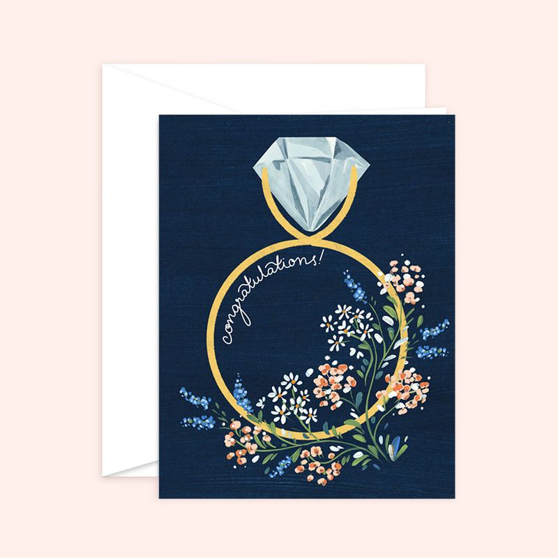 Navy Floral Engagement Card